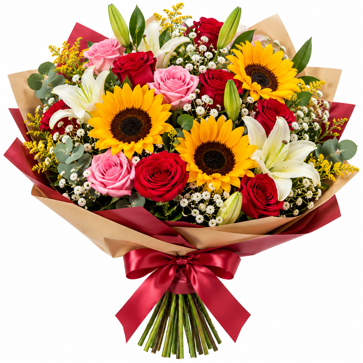 Bouquet de Girasoles, Rosas y Lilies “Alegría Infinita”
